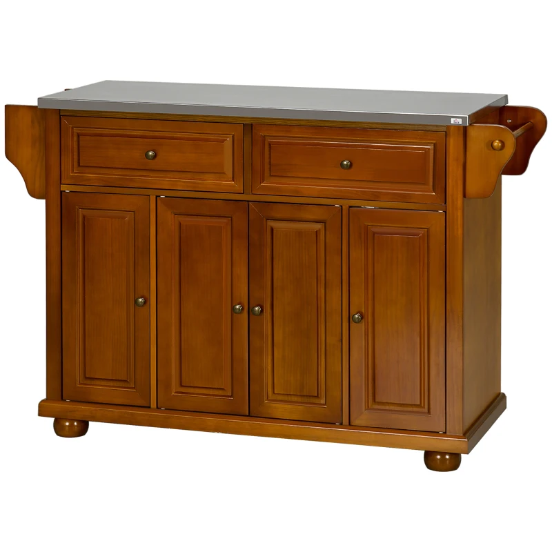 HOMCOM Kitchen Island Table with Stainless Steel Top 2 Drawers 3 Cabinets Spice and Towel Rack Red Brown
