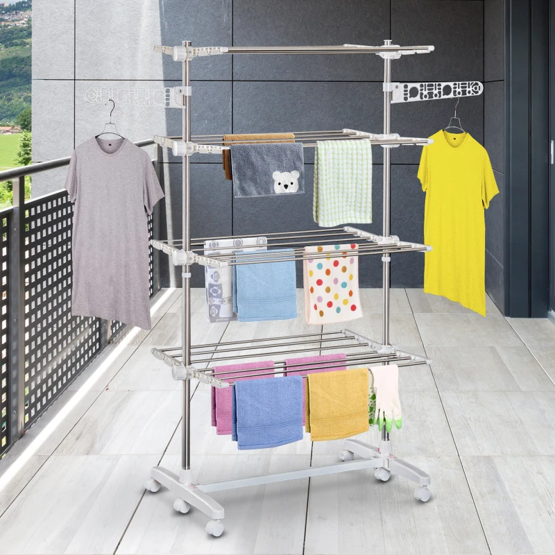 HOMCOM Garment Drying Rack Stainless Steel Folding Clothes Hanging Rack with Side Wings Castors for Indoor Outdoor White