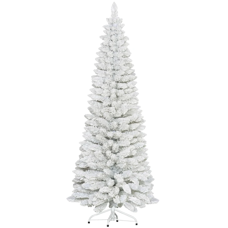 HOMCOM 6ft White Christmas Tree, Flocked Pencil Christmas Tree with 376 Branch Tips and Metal Base for Home, Indoor, Holiday