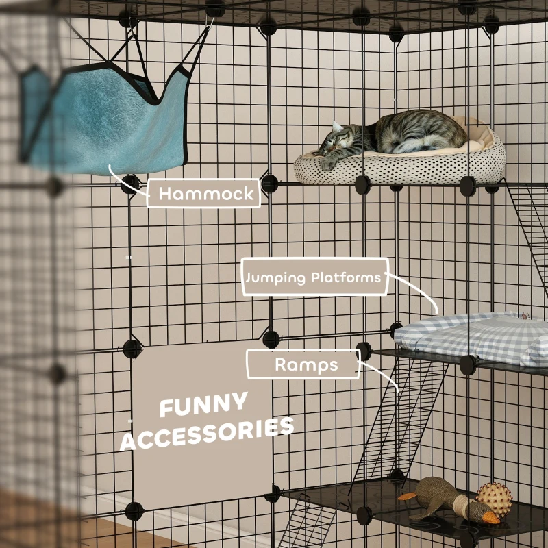 PawHut 4 Tier DIY Cat Cage Indoor, Catio for 1-3 Cats with Hammock, 5 Doors, 3 Ramps, 3 Jumping Platforms, for 1-3 Cats, Black