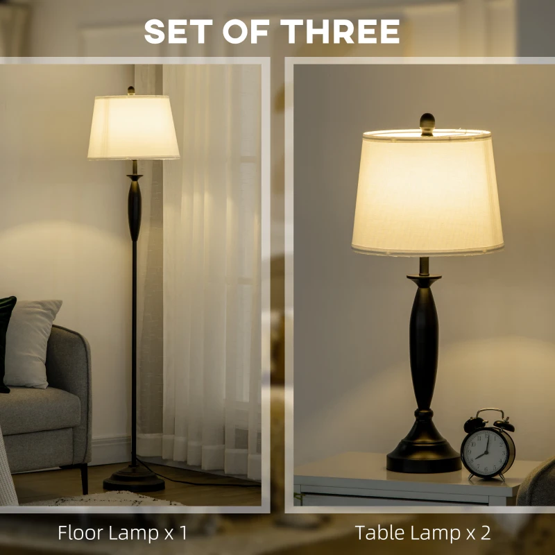 HOMCOM Boho Desk Lamp & Floor Lamps Set of 3, 3 Piece Lamp Set for Living Room, Bedroom, & More, Linen Lampshade, Steel Base, Black