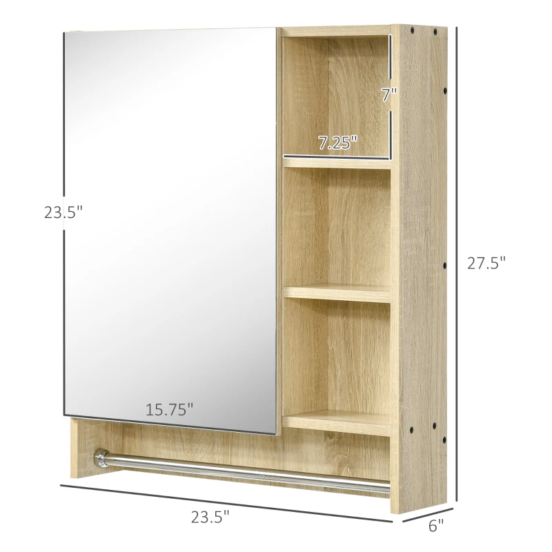 kleankin Bathroom Medicine Cabinet, 23.5" x 27.5" Wall-Mounted Bathroom Mirror Cabinet with 3 Storage Shelves, Inside Adjustable Shelf, and Towel Rack, Natural