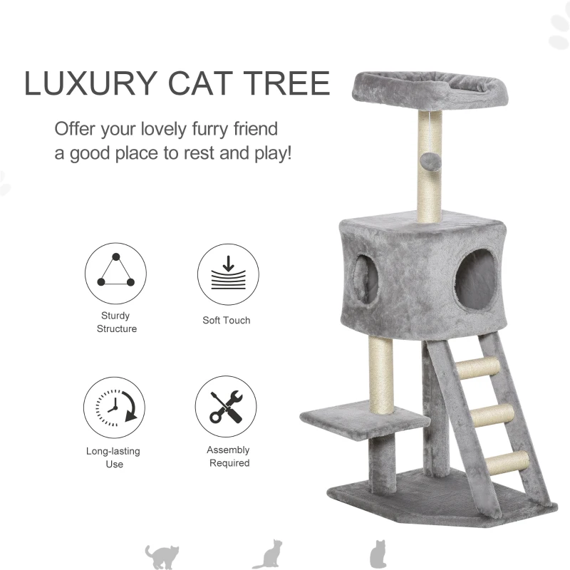 PawHut 47" Tall Cat Tree Tower with Condo, Ladder, Scratching Posts and Hanging Ball, Light Grey