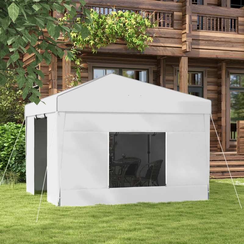 Outsunny 9.7' x 9.7' Pop Up Canopy with Sidewalls, Portable Canopy Tent with 2 Mesh Windows, Reflective Strips, Carry Bag, White