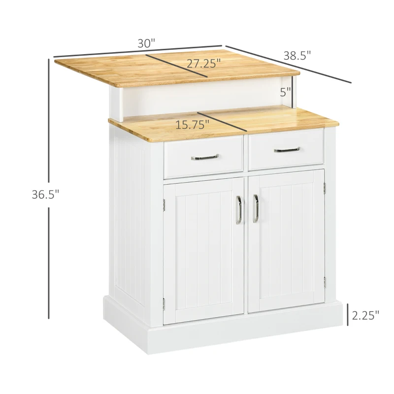 HOMCOM Kitchen Island with 2-Level Rubber Wood Tabletop, Island Table with Adjustable Shelves and Drawers, White