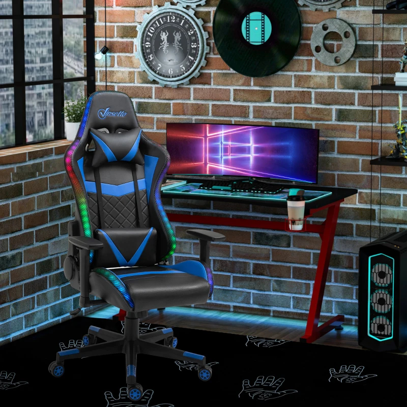 Vinsetto Racing Gaming Chair with RGB LED Lights, Adjustable Height, Gamer Office Chair, Computer Desk Chair, Black/Blue