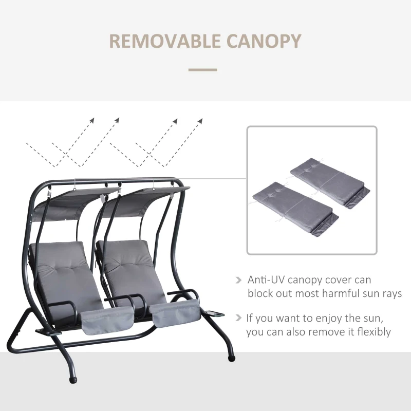 Outsunny Luxury Patio Swing Metal Outdoor Porch Swing Chair 2 Separated Seater Hammock Heavy-Duty with Canopy and Cushions, Grey