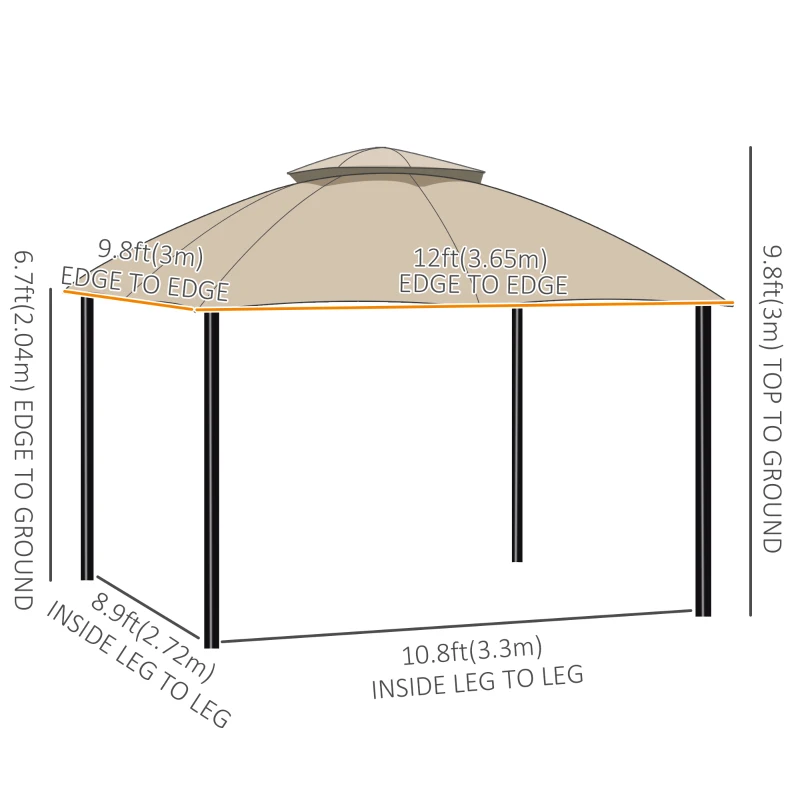 Outsunny 12' x 10' 2-Tier Outdoor Gazebo Canopy Tent for Patio with Zippered Mesh Sidewalls, Solid Steel Frame, Arched Roof, Beige