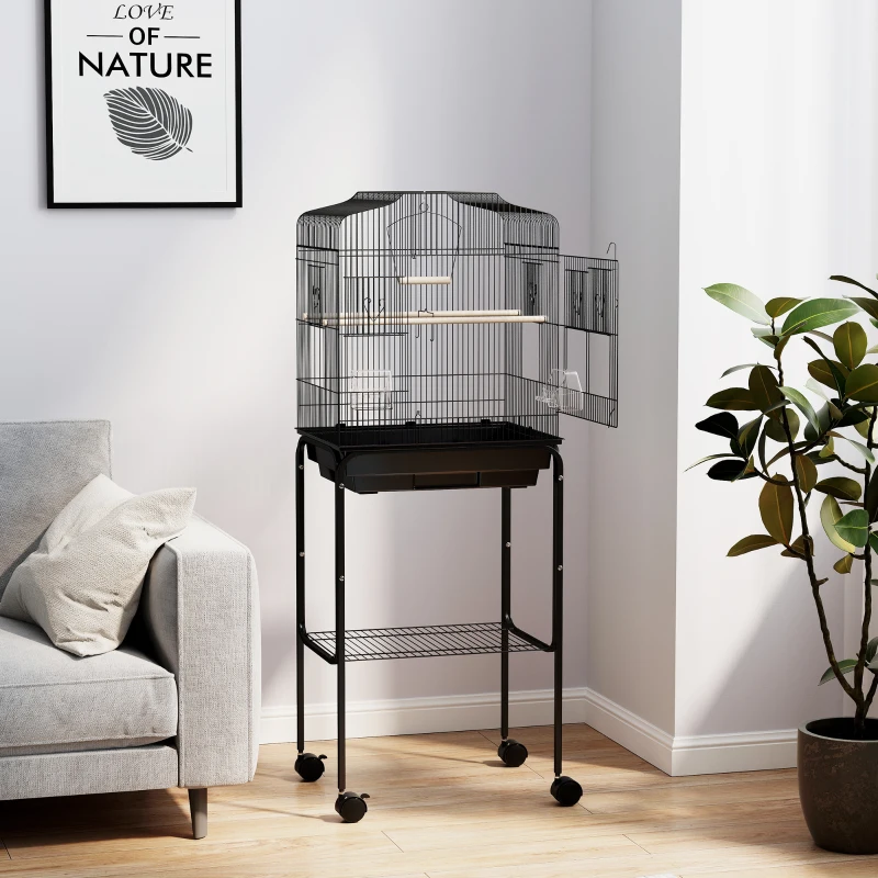 PawHut 49" Rolling Bird Cage Cockatoo House Play Top Finch Pet Supply with Storage Shelf, Wheels - Black