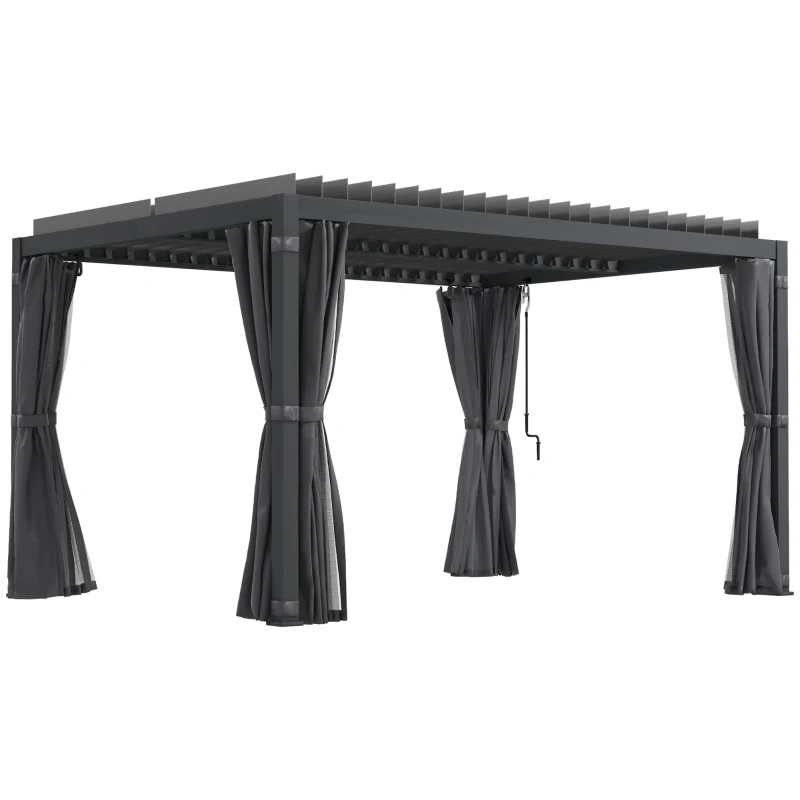Outsunny 10' x 13' Outdoor Retractable Pergola w/ Sun Shade Aluminum Louvered Top, Pergola w/ Canopy, Curtains, Netting, Gray