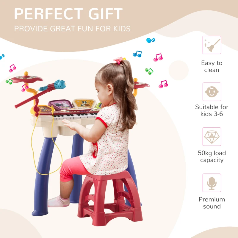 Qaba 2 in 1 Kids Piano Keyboard Drum Set with Sounds, Lights, Microphone, Stool