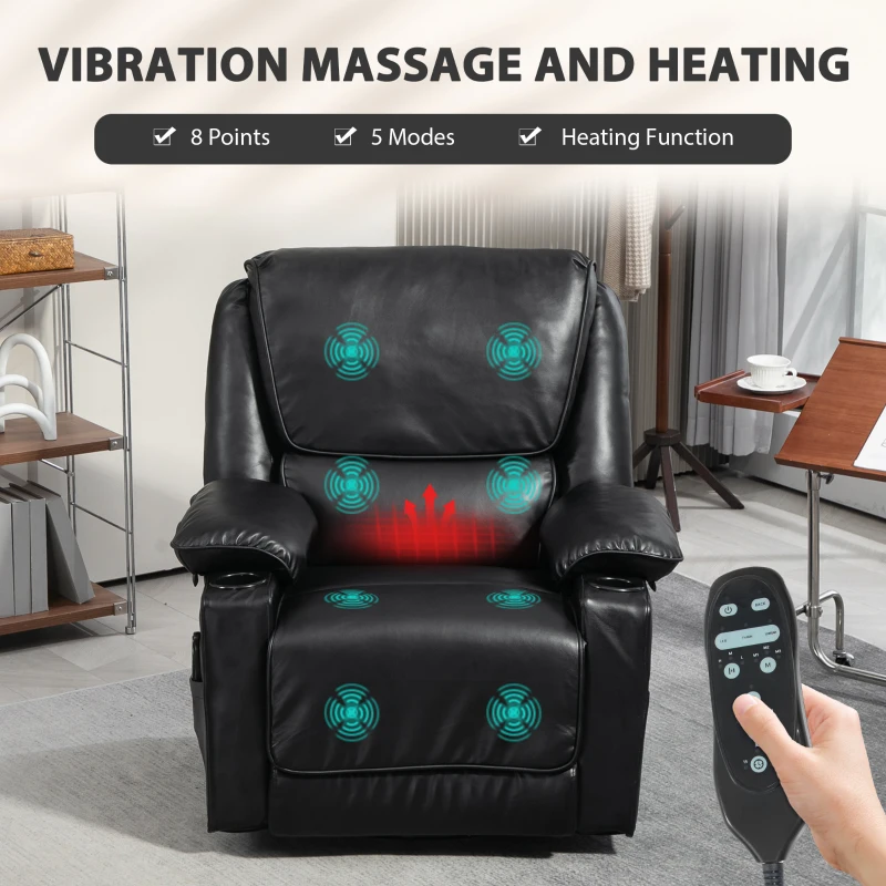 HOMCOM Recliner Massage Armchair with Heat Oversized Swivel Rocker with Footrest Remote and Side Pockets Black
