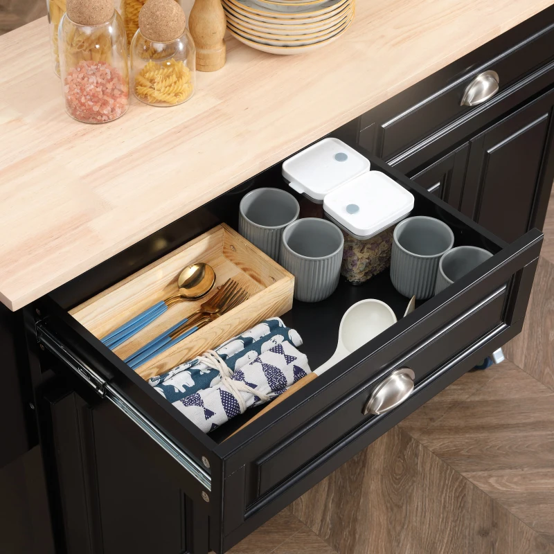 HOMCOM Kitchen Island with Storage, Rolling Kitchen Island with Drop Leaf, Rubber Wood Top and Adjustable Shelves, Black
