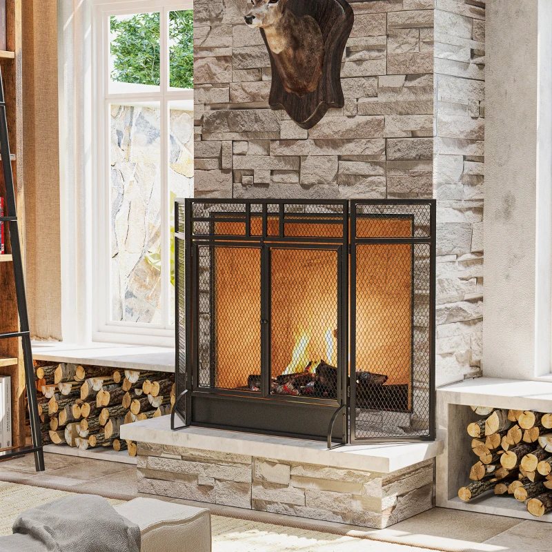 HOMCOM 3-Panel Steel Mesh Fireplace Screen, Decorative Fire Spark Guard Cover with Double Doors, 47x31in, Black