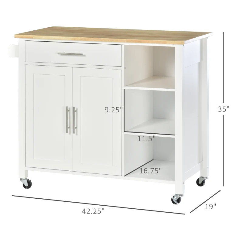 HOMCOM Wooden Rolling Kitchen Island on Wheels,  Kitchen Cart with Drawer for Dining Room, White