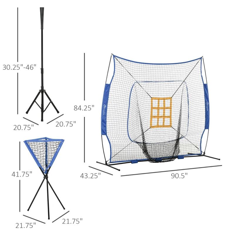 Soozier Baseball Practice Net Set with 7.5x7ft Catcher Net, Ball Caddy and Batting Tee, Portable Pitching Net with Carry Bag for Hitting, Pitching, Batting, Catching, Blue