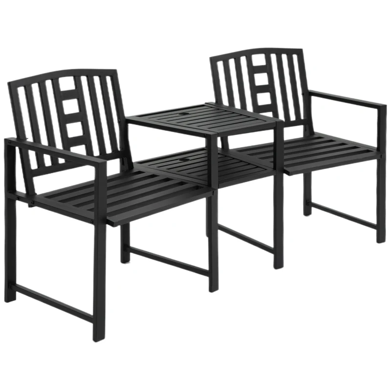 Outsunny Metal Outdoor Bench, 2-Seater Garden Bench with Middle Table, Umbrella Hole, Slatted Seat and Backrest, Black