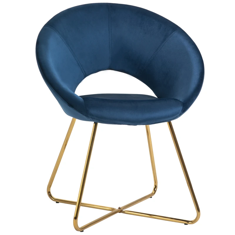 HOMCOM Modern Accent Velvet Chair Open Curved Mid-Back Upholstered Vanity Chair with Gold Plating Metal Legs for Living Room/Office/Reception Blue