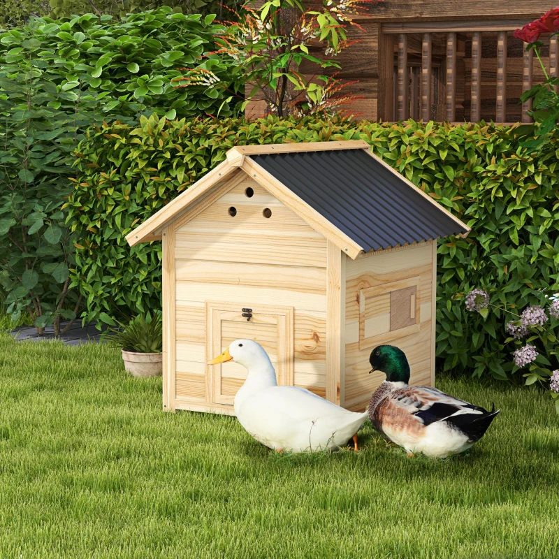 PawHut Duck Coop, Wooden Duck House with Openable Roof & Double Doors, Natural Wood(m-2)