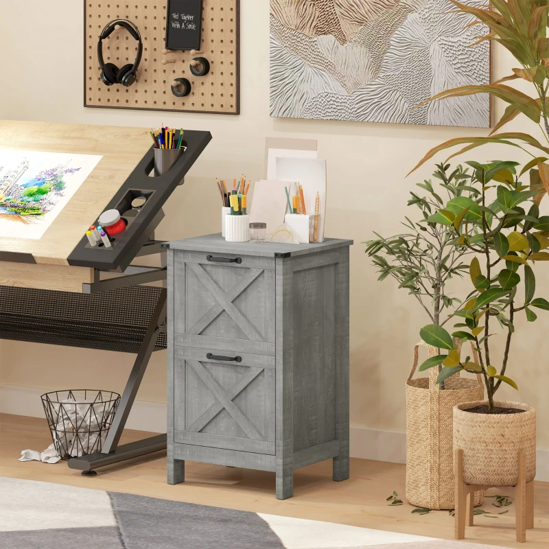 HOMCOM Vertical Filing Cabinet with 2 Drawers, Rustic Farmhouse Office Storage Cabinet for A4, Letter Size, Stone Grey
