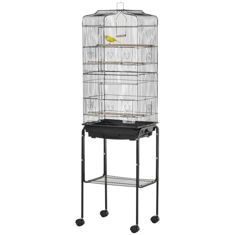 PawHut 62" Rolling Bird Cage Cockatoo House Play Top Finch Pet Supply with Storage Shelf, Wheels - Black