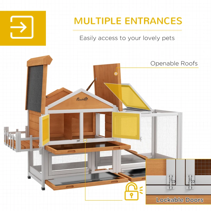 PawHut 65" Wooden Rabbit Hutch, Pet Playpen with Openable Roof, Storage Box, for Rabbits and Small Animals, Yellow