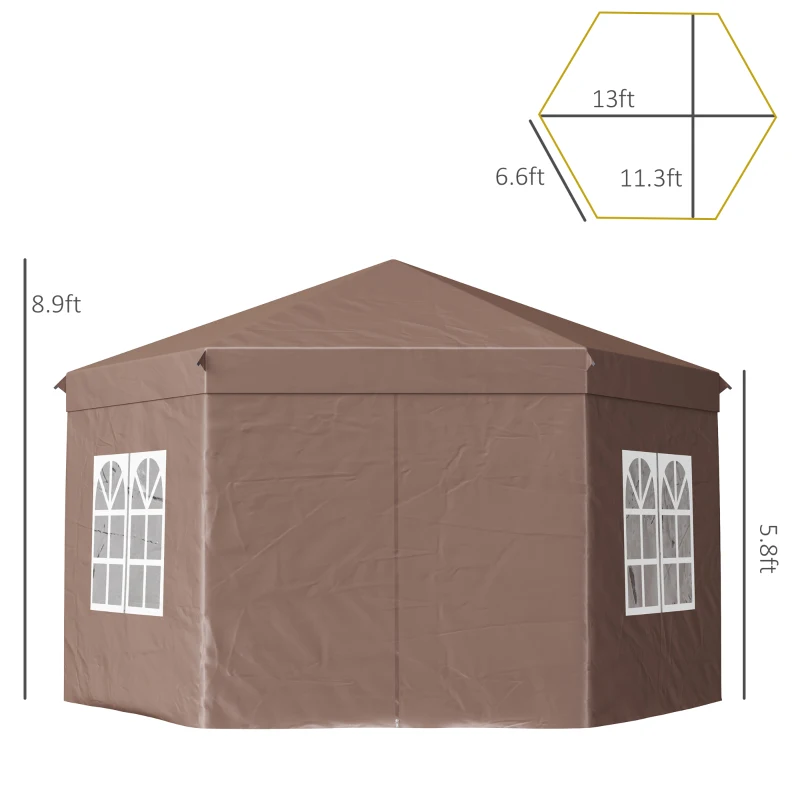 Outsunny 13 x 11.3ft Portable Pop-up Gazebo, Hexagon Adjustable Height Folding Canopy Tent with Carrying Bag for Outdoor Wedding Party, Brown