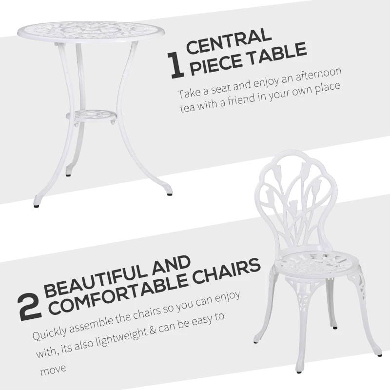 Outsunny 3 Pieces Patio Bistro Set, Outdoor Cast Aluminum Garden Table and Chairs with Umbrella Hole for Balcony, White