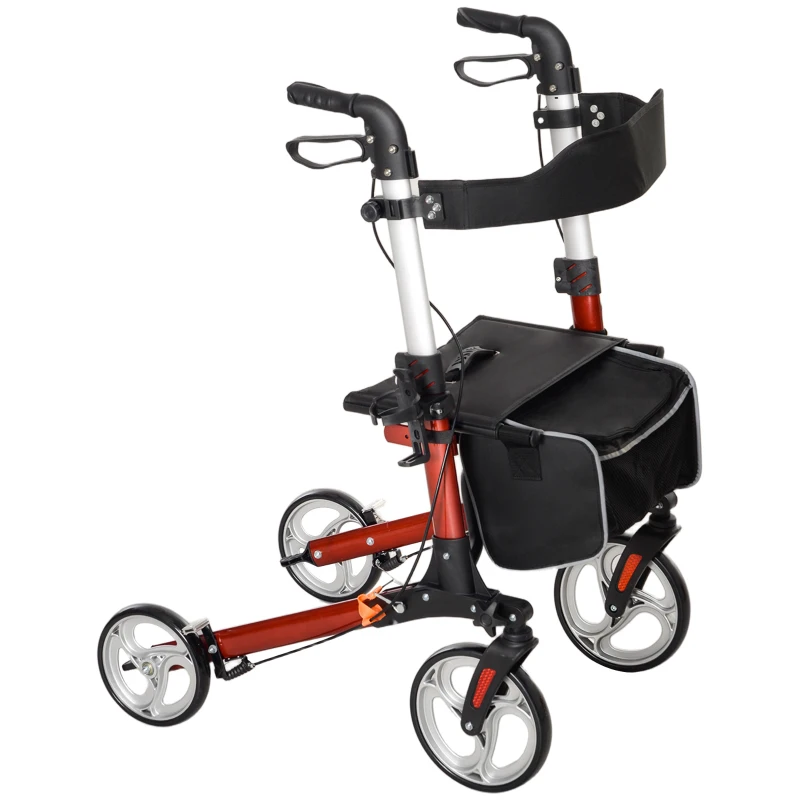 HOMCOM Lightweight Folding Rolling Walker with Large Seat, Back, Adjustable Handle, Bag, Dual Brake, Cane Holder, Red
