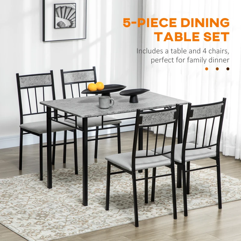 HOMCOM 5 Pieces Diner Tables Dining Room Sets for 4 People with Marble Effect Tabletop Padded Chairs and Metal Frame Grey
