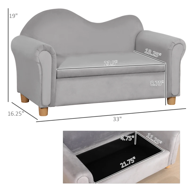 Qaba Ergonomic Foam Kids Sofa with Inner Toy Storage Chest, Velvet Kids Couch with Soft Arms, Children's Lounge Furniture, Gray