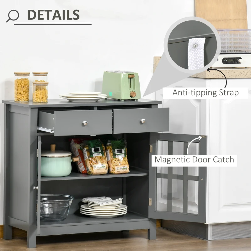 HOMCOM Sideboard Buffet Cabinet, Accent Kitchen Cabinet with Glass Doors, Adjustable Shelf and 2 Drawers for Kitchen, Gray