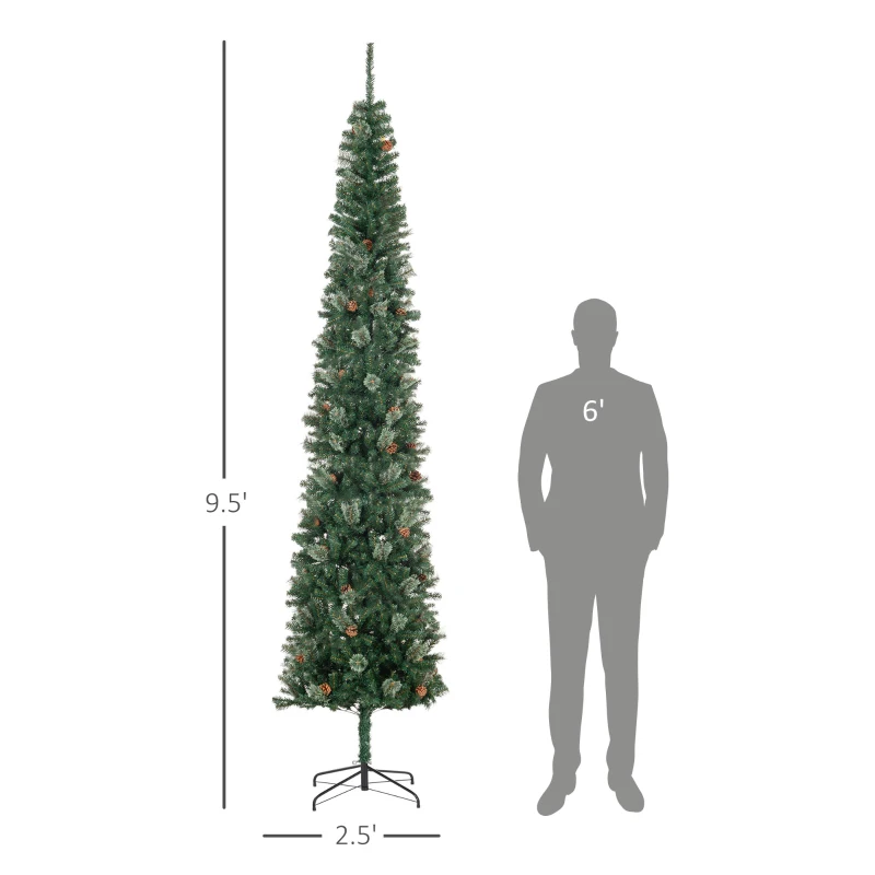HOMCOM 9.5ft Pencil Christmas Tree, Slim Xmas Tree with Realistic Branches, Pine Cones and Metal Base, Green