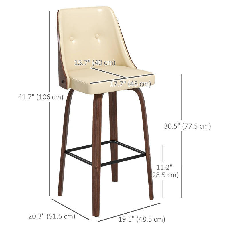 HOMCOM Bar Height Bar Stools Set of 2 PU Leather Upholstered Swivel Barstools with Solid Wood Legs Footrest and Tufted Back, Beige
