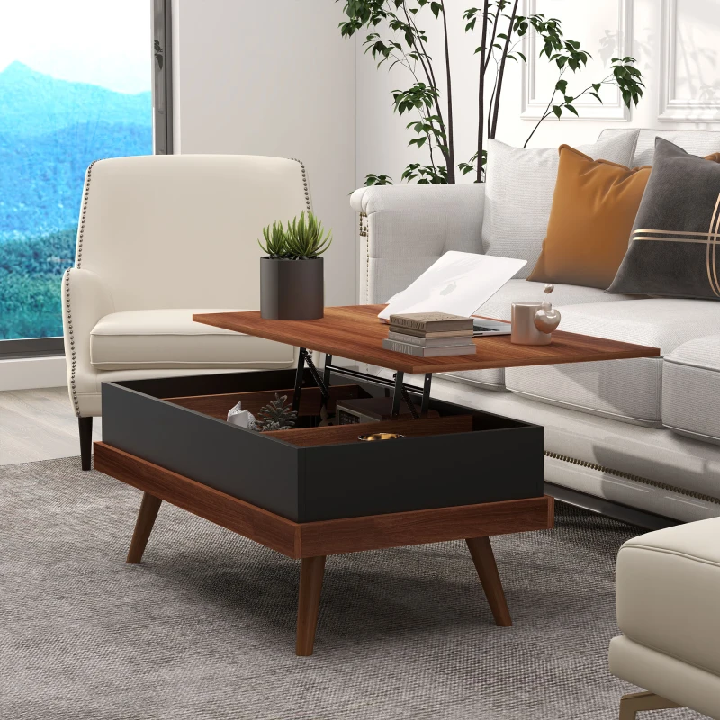 HOMCOM Lift Top Coffee Table with Hidden Compartments and Wood Legs, Walnut