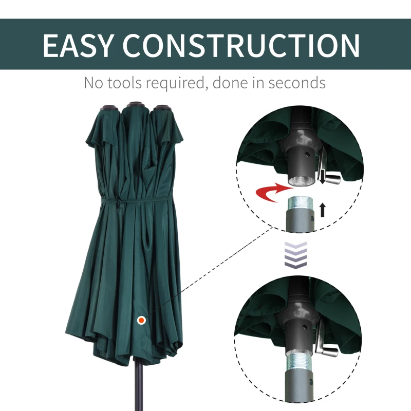 Outsunny 15ft Double-sided Patio Umbrella with Twin Canopy, Extra Large Outdoor Parasol with Crank for Pool, Deck, Market, Dark Green