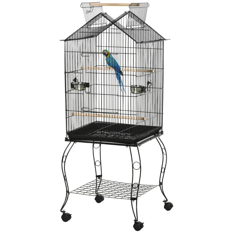 PawHut Bird Cage 57 Inch Flight Cage for Cockatiel, Conure with Rolling Stand, Pull Out Tray, Storage Shelf, Open Top