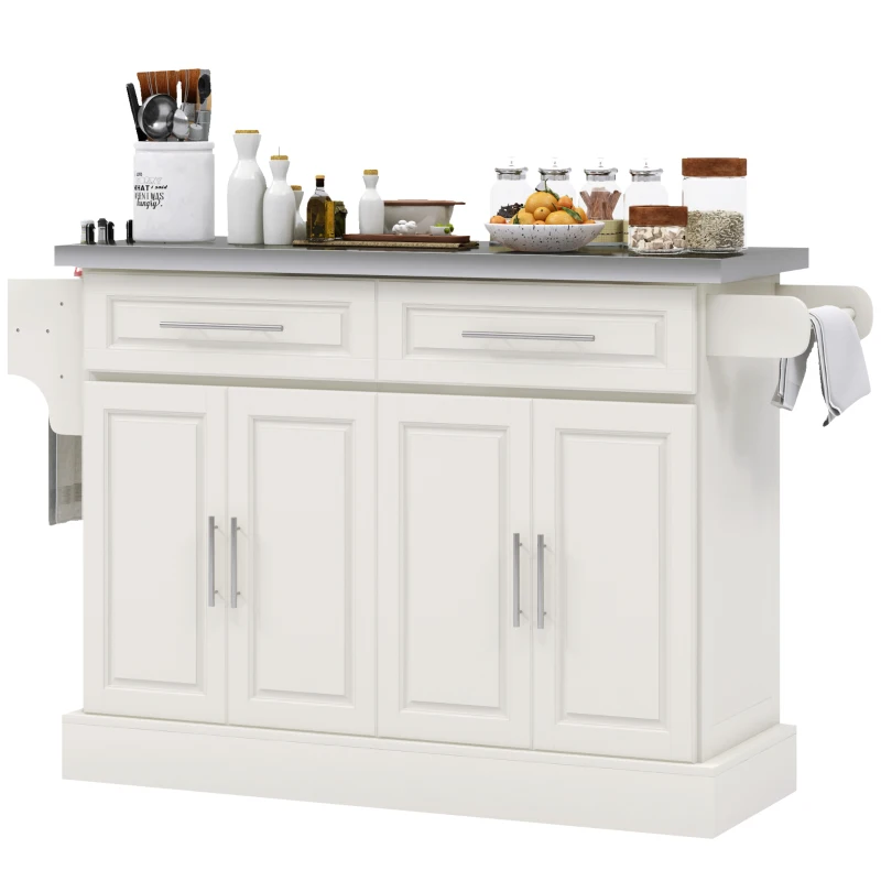 HOMCOM Rolling Kitchen Island with Storage and Stainless Steel Top, Kitchen Trolley with Drawers, Cabinets, Towel Rack, Cream