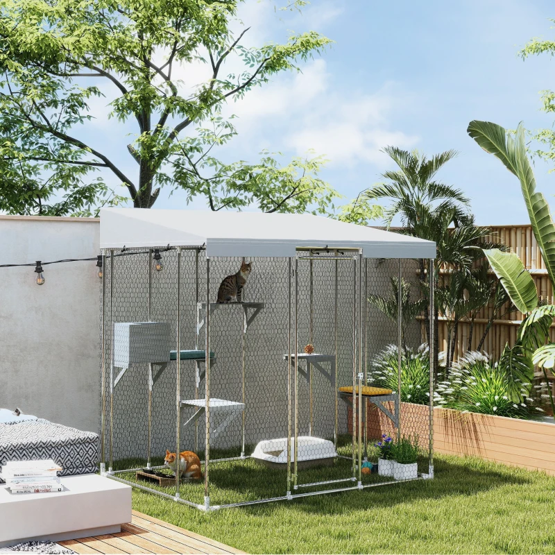 PawHut 79" Galvanized Steel Large Catio with Waterproof Canopy, Sleeping Box, Jumping Platforms, for 1-3 Kittens, Silver(m-2)