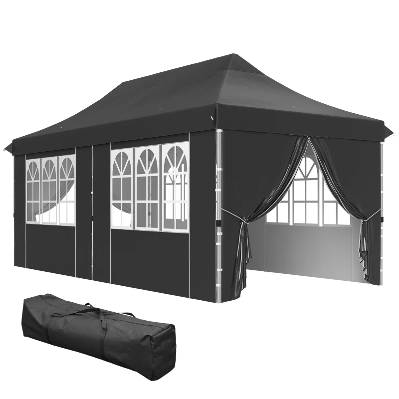 Outsunny 20x10 Pop Up Canopy with 6 Removable Sidewall, Carry Bag and 6 Sand Bags, Height Adjustable Instant Sun Shelter, Grey