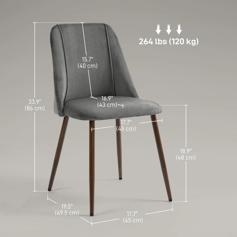 HOMCOM Upholstered Dining Chairs Set of 4, Velvet Accent Chair with Back and Wood-grain Steel Leg for Kitchen, Dark Grey