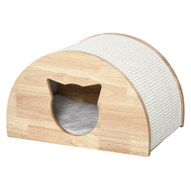 PawHut Wooden Cat House Kitten Condo with Cat-Shaped Entrance Sisal Scratching Carpet Soft Cushion, Natural