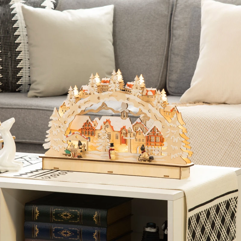 HOMCOM Christmas Village House Decoration, Pre-Lit Winter Wonderland with 12 Battery Operated LED Lights, Indoor Room Décor Collection