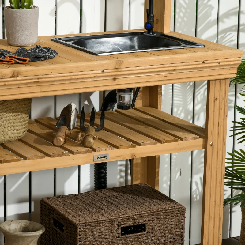 Outsunny Outdoor Potting Bench Table with Faucet, Removable Sink, Hooks and Storage Shelves, Wood Work Bench Workstation for Greenhouse, Garden, Patio