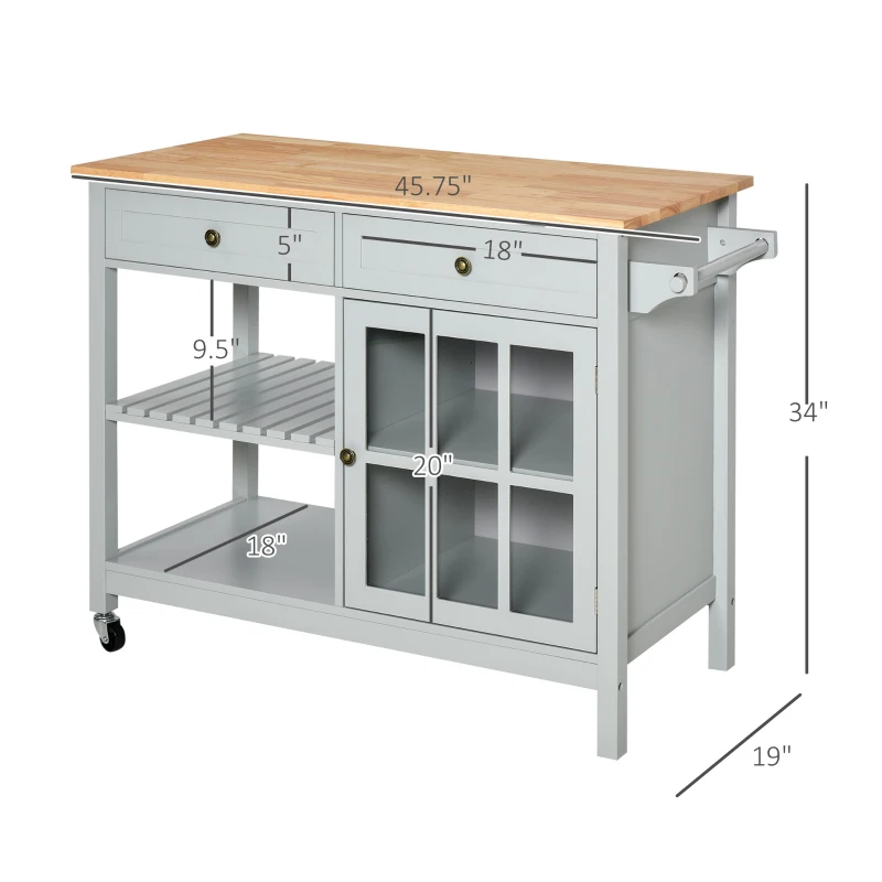 HOMCOM Rolling Kitchen Island with Storage, Kitchen Cart with Solid Wood Top, Glass Door Cabinet, Adjustable Shelf, Towel Rack, 2 Drawers for Dining Room, Gray