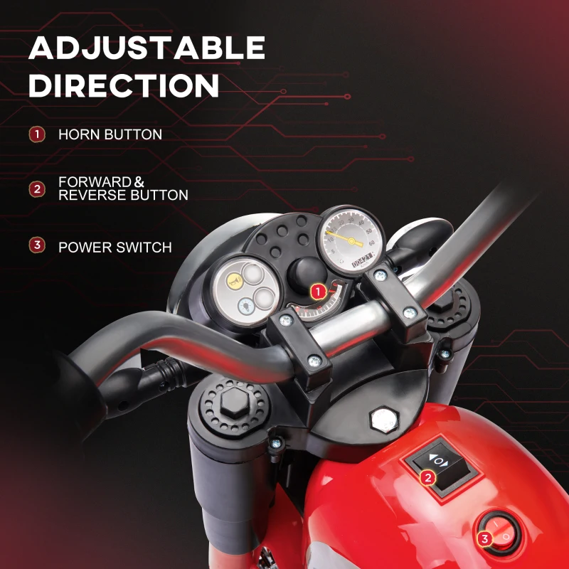 Aosom Electric Motorcycle for Kids, 6V Battery Powered Ride-On Dirt Bike 3-Wheels Motorbike with Horn Headlights Realistic Sounds Speed for 18 - 36 Months Red