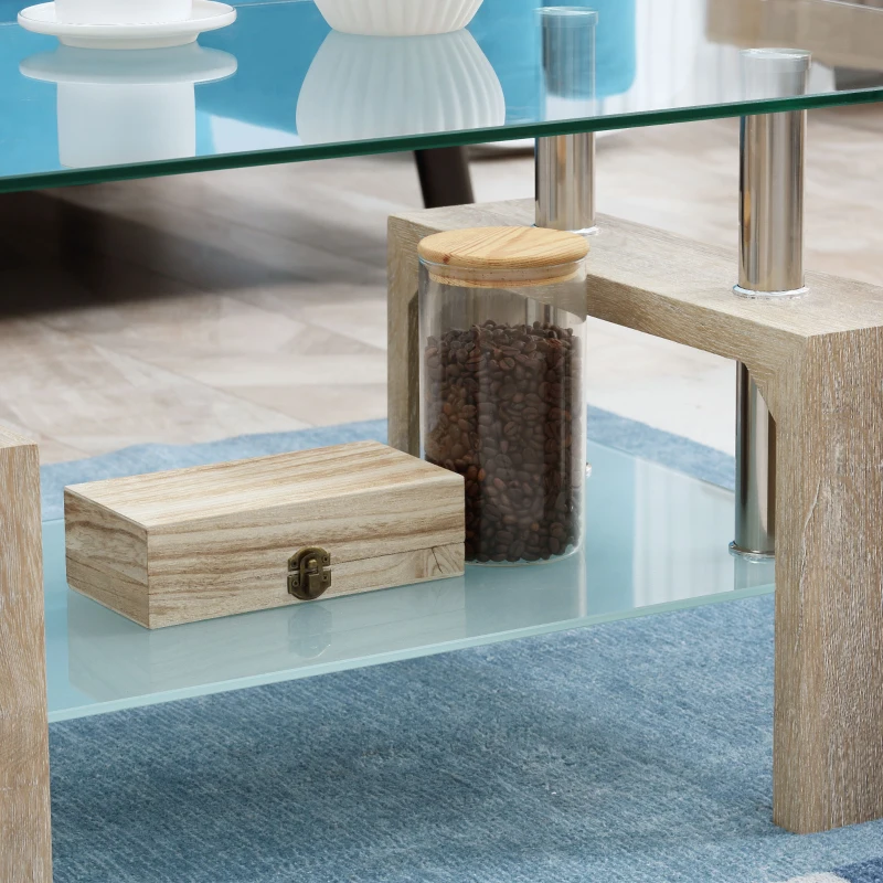 HOMCOM Rectangle Glass Coffee Table, 2-Tier Center Table with Tempered Glass Top and Storage Shelf for Living Room, Natural