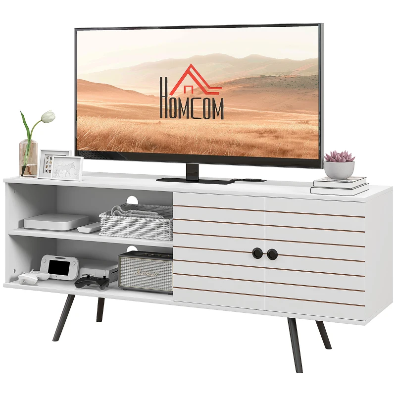 HOMCOM TV Stand Cabinet for 65-Inch, TV Table with Charging Station, Television Stand with Open Shelves, Door and Cable Holes