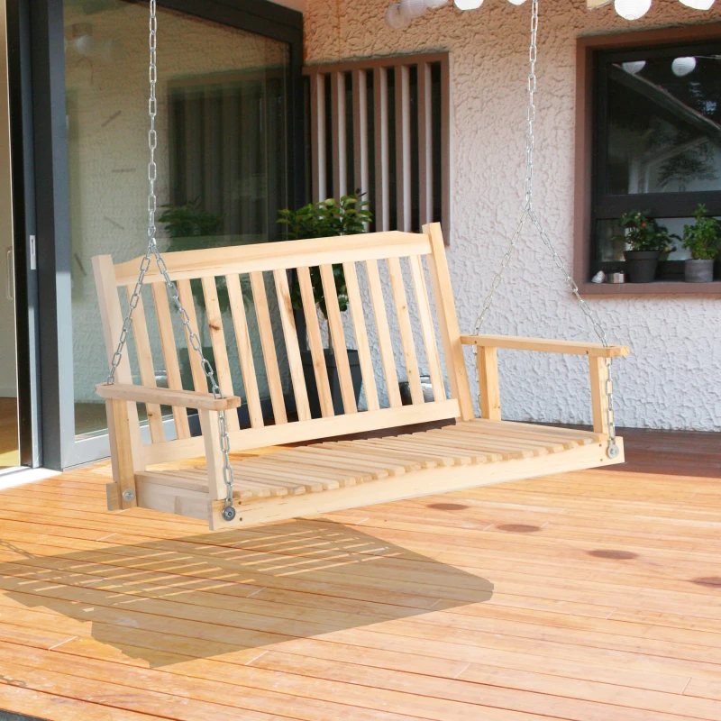 Outsunny 2-People Porch Swing Bench, Patio Swing Chair with 2 Adjustable Hanging Chains for Deck, Garden, Backyard, Natural