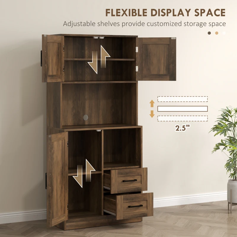 HOMCOM 60" Kitchen Pantry Storage Cabinet, Farmhouse Kitchen Hutch with Microwave Oven Countertop, Adjustable Shelves, Brown